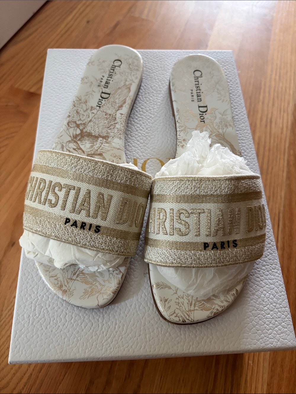 Dior Beige and Gold Logo Slide Sandals